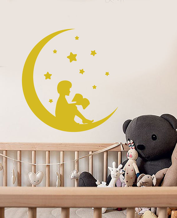 Vinyl Wall Decal Reading Boy On Crescent Moon Fairy Tales Book Stickers (3480ig)