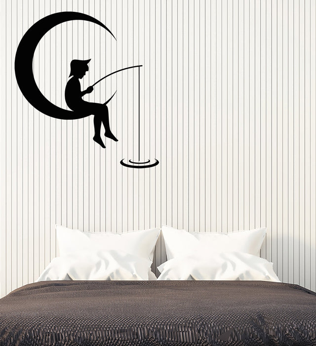 Vinyl Wall Decal Cartoon Boy On The Moon Crescent Fishes Stickers (3011ig)