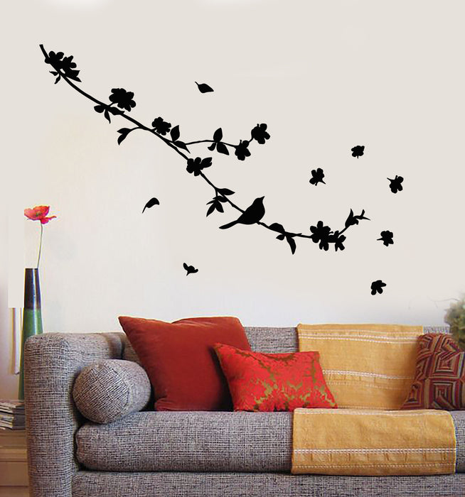 Vinyl Wall Decal Silhouette Beautiful Bird On Branch Flowers Stickers (2419ig)