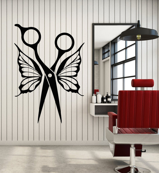 Vinyl Wall Decal Hairdresser Scissors Butterfly Wings Haircut Stickers (2312ig)