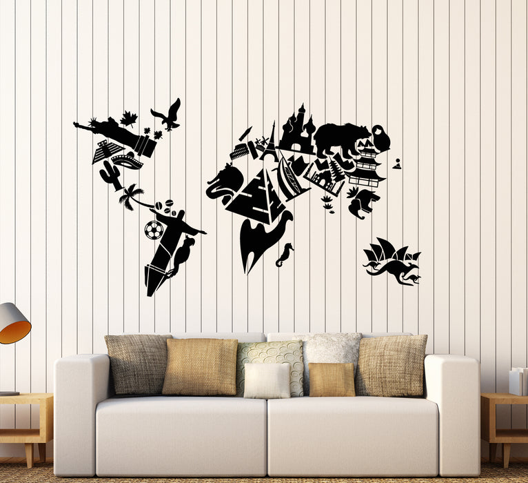 Виниловые наклейки на стену Достопримечательности Карта мира Путешествия по странам Наклейки (3407ig)