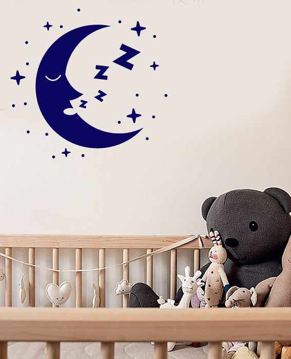 Vinyl Wall Decal Cartoon Crescent Sleeping Moon Face Stars Nursery Room Stickers (2819ig)