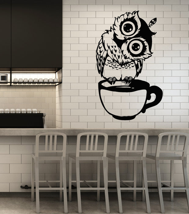 Vinyl Wall Decal Funny Cartoon Owl Cup Of Tea Coffee For Kitchen Stickers (2559ig)