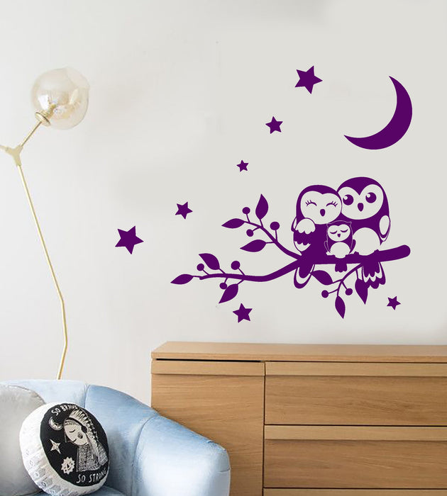 Vinyl Wall Decal Cartoon Family Owl On Branch Stars Night Birds Stickers (2516ig)