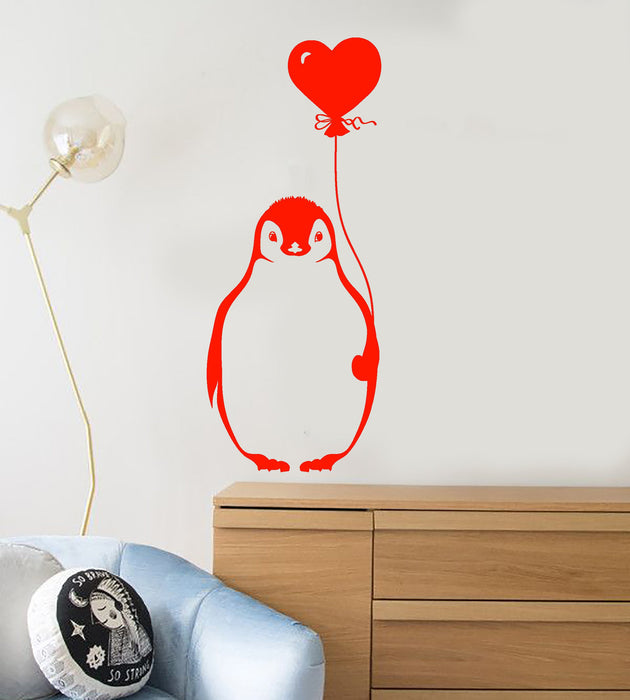 Vinyl Wall Decal Cartoon Arctic Penguin Bird With Balloon For Kid's Room Stickers (2520ig)