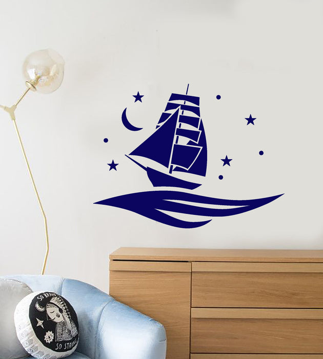 Vinyl Wall Decal Cartoon Ship Sea Waves Stars Moon Night Stickers (2388ig)