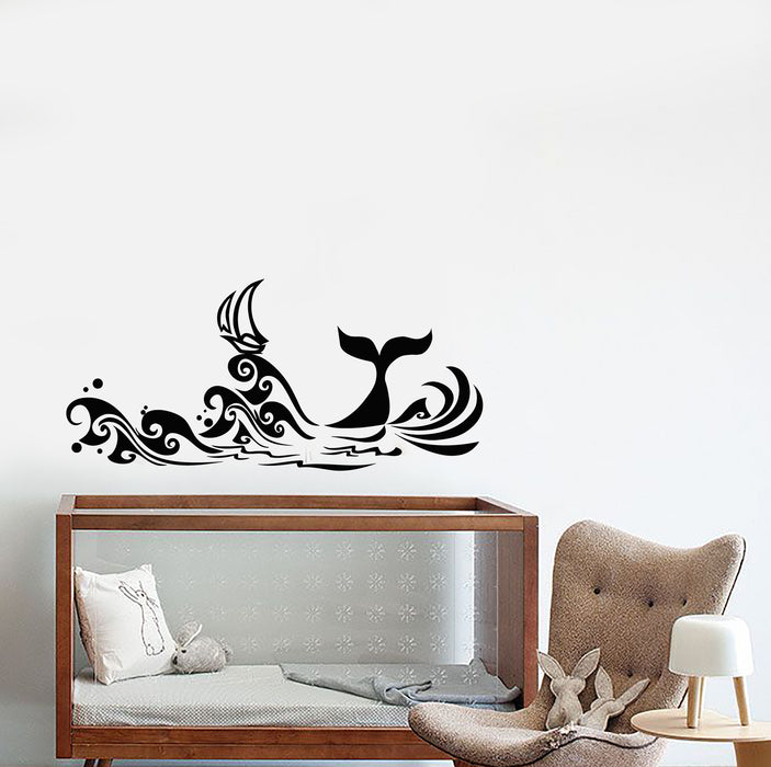 Vinyl Wall Decal Cartoon Sea Waves Ship Nautical Whale Tail Stickers (3719ig)