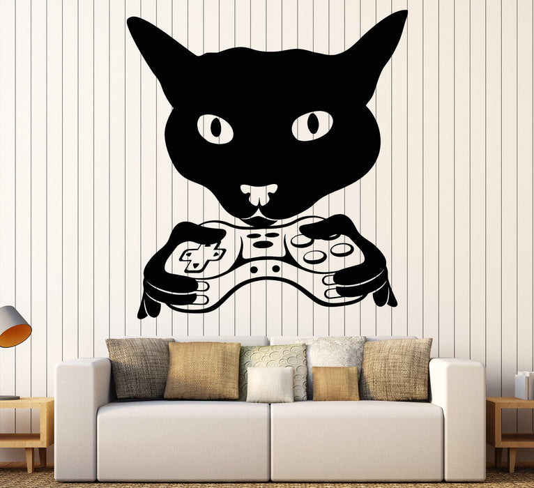 Vinyl Wall Decal Cat Head Gamer Joystick Video Game Room Stickers Unique Gift (1846ig)