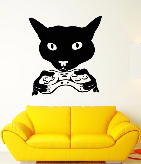 Vinyl Wall Decal Cat Head Gamer Joystick Video Game Room Stickers Unique Gift (1846ig)