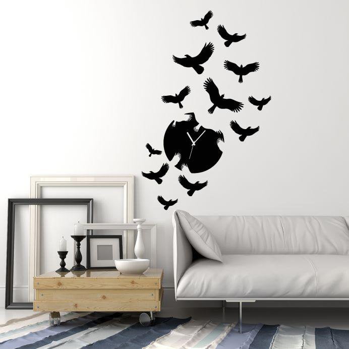 Vinyl Wall Decal Clock Silhouette Flock Of Birds Ravens Stickers (2222ig)