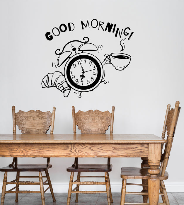 Vinyl Wall Decal Breakfast Time Clock Logo Good Morning Coffee Shop Stickers (4117ig)