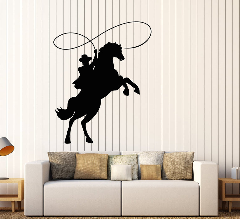 Vinyl Wall Decal Cowboy On Horseback Horse Lasso Western Movie Stickers (2349ig)