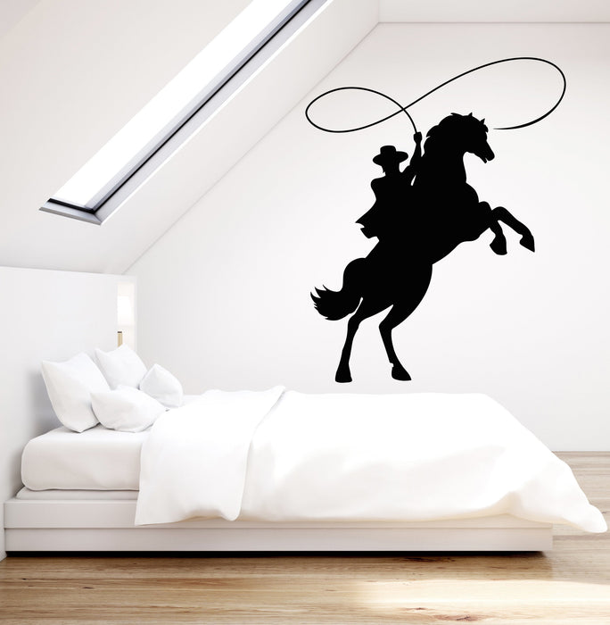 Vinyl Wall Decal Cowboy On Horseback Horse Lasso Western Movie Stickers (2349ig)