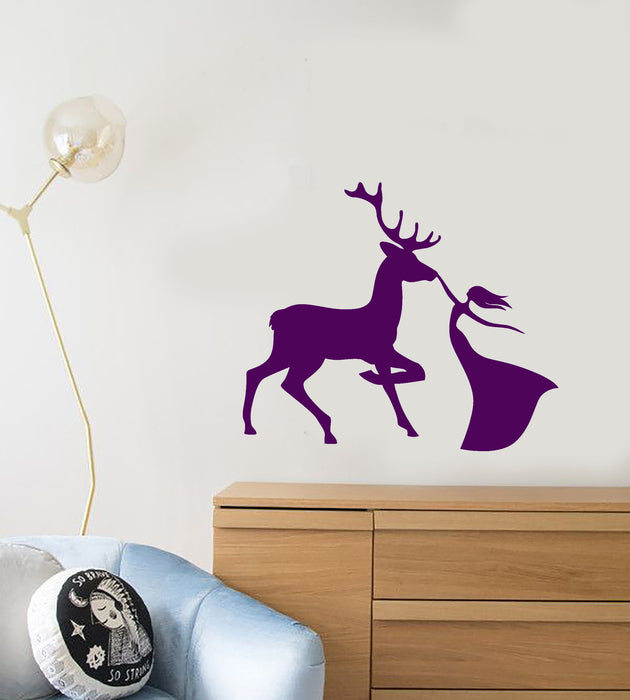 Vinyl Wall Decal Forest Deer And Girl Princess's Room Animal Stickers (3543ig)
