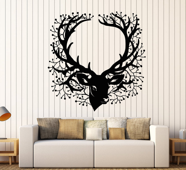Vinyl Wall Decal Deer Head Beautiful Branch Hunting Horn Stickers (2276ig)