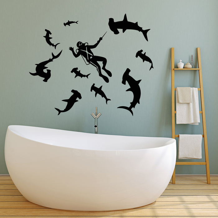 Vinyl Wall Decal Diving Underwater World Diver Sharks Water Stickers (3112ig)
