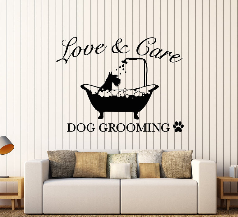 Vinyl Wall Decal Dog Grooming Love And Care Signboard Logo Pet In Bath Stickers (2604ig)