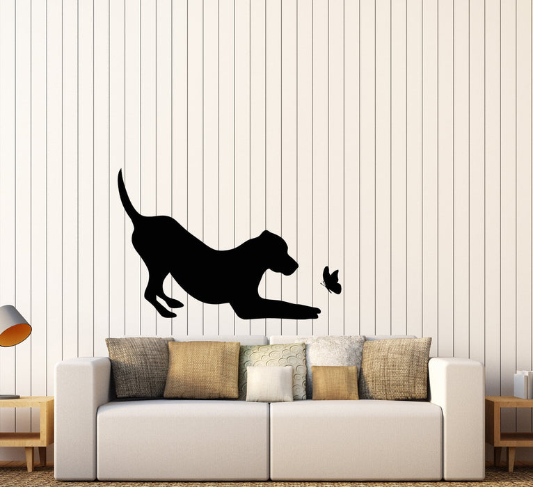 Vinyl Wall Decal Pet Shop Silhouette Dog With Butterfly Animal Stickers (2921ig)