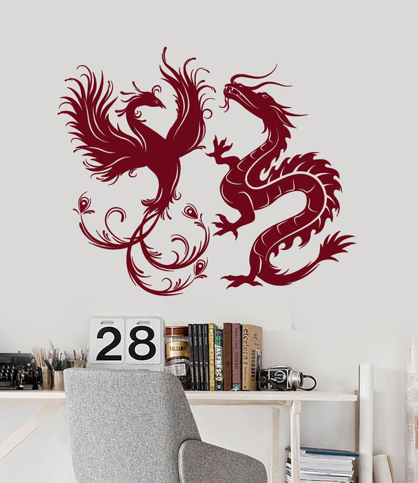 Vinyl Wall Decal Dragon Phoenix Bird Fantasy Asian Style Stickers Murals Unique Gift (ig4887)