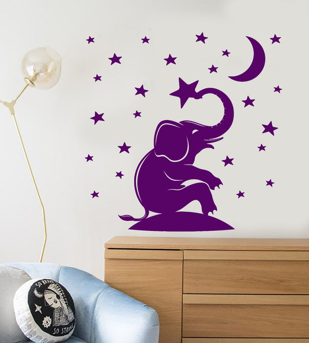 Vinyl Wall Decal Cartoon Night Stars Moon Elephant Children's Room Stickers (2944ig)