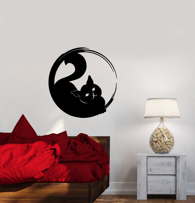 Vinyl Wall Decal Circle Enso Hinduism Yoga Yoga Meditation Room Cat Silhouette Kitten Stickers (4203ig)