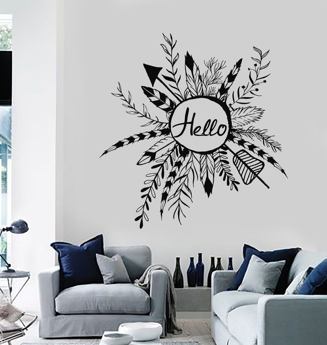 Виниловая наклейка на стену в деревенском стиле венок Привет этнические стрелы перья наклейки уникальный подарок (ig4047)