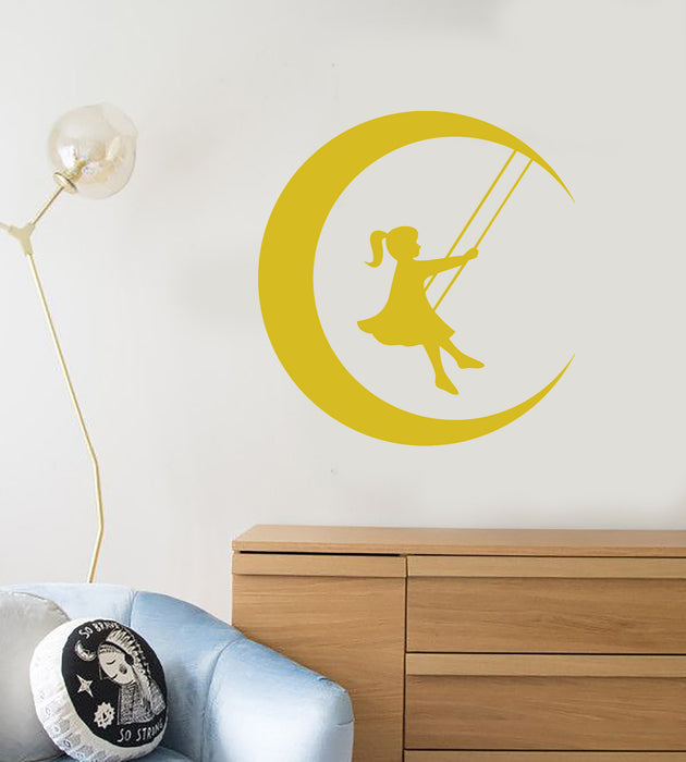 Vinyl Wall Decal Fairy Tale Swing Little Girl On Moon Crescent Stickers (3501ig)