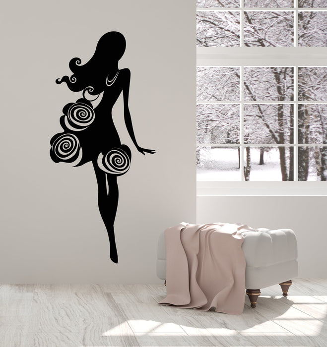 Vinyl Wall Decal Fashion Top Model Silhouette Girl In Dress Flowers Buton Stickers (2739ig)