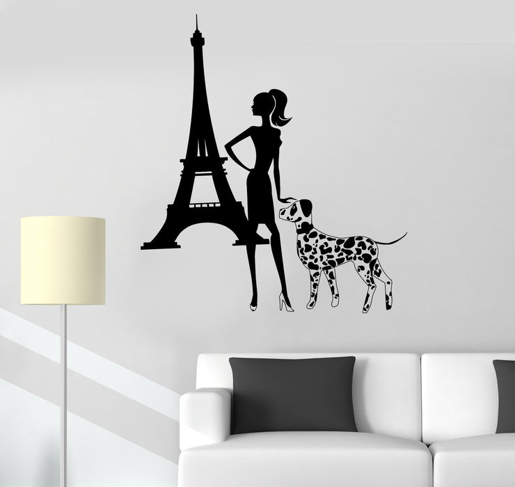 Vinyl Wall Decal Fashion Girl Lady Dog Eiffel Tower Paris Stickers Unique Gift (418ig)