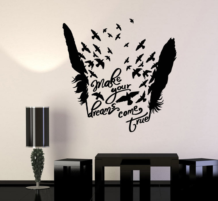 Autocollant mural en vinyle avec plumes d'oiseaux, mots de motivation, autocollants de rêve, cadeau unique (1009ig)