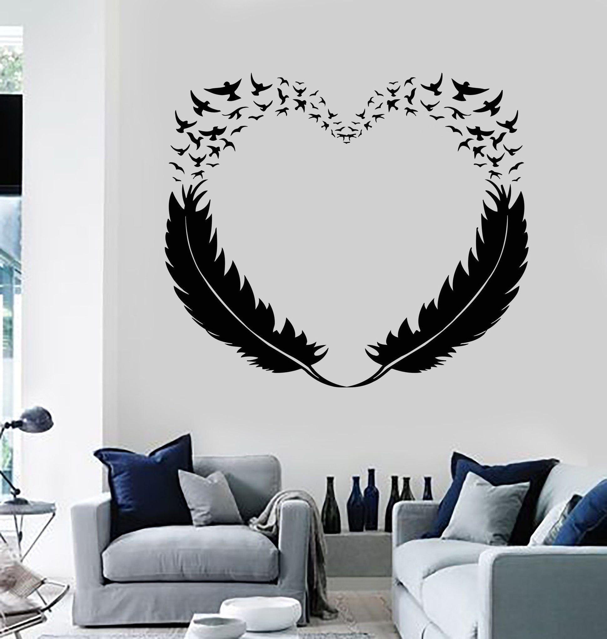 Vinyl Wall Decal Feathers Heart Decor Love Birds Romantic Stickers Uni ...