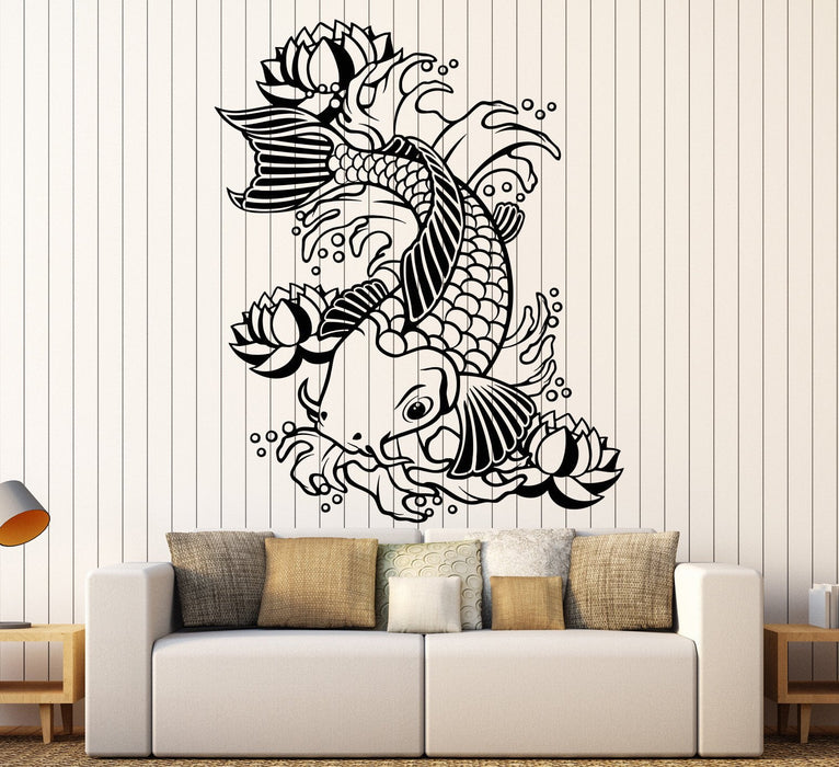 Vinyl Wall Decal Koi Japanese Fish Water Lily Flowers Asian Style Stickers Unique Gift (1283ig)