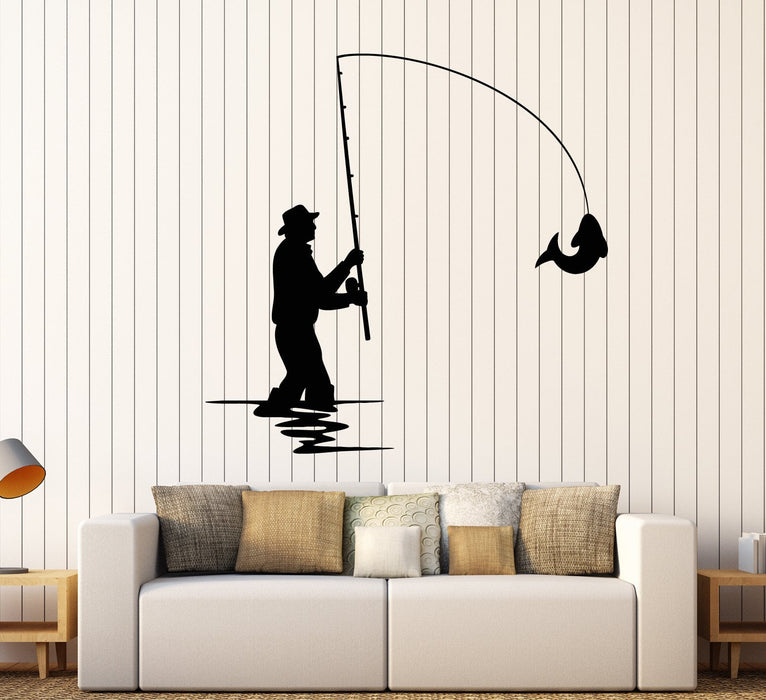 Vinyl Wall Decal Fishing Rod Club Fisherman Silhouette Fish Stickers U —  Wallstickers4you