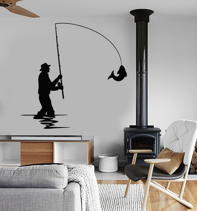 Vinyl Wall Decal Fishing Rod Club Fisherman Silhouette Fish Stickers Unique Gift (1930ig)