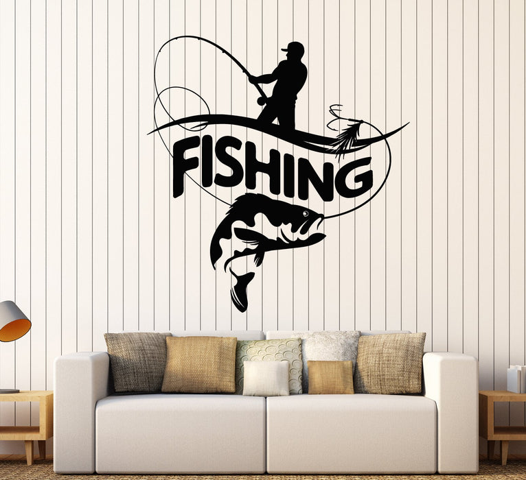Vinyl Wall Decal Fisherman Fishing Rod Big Fish Logotype Stickers