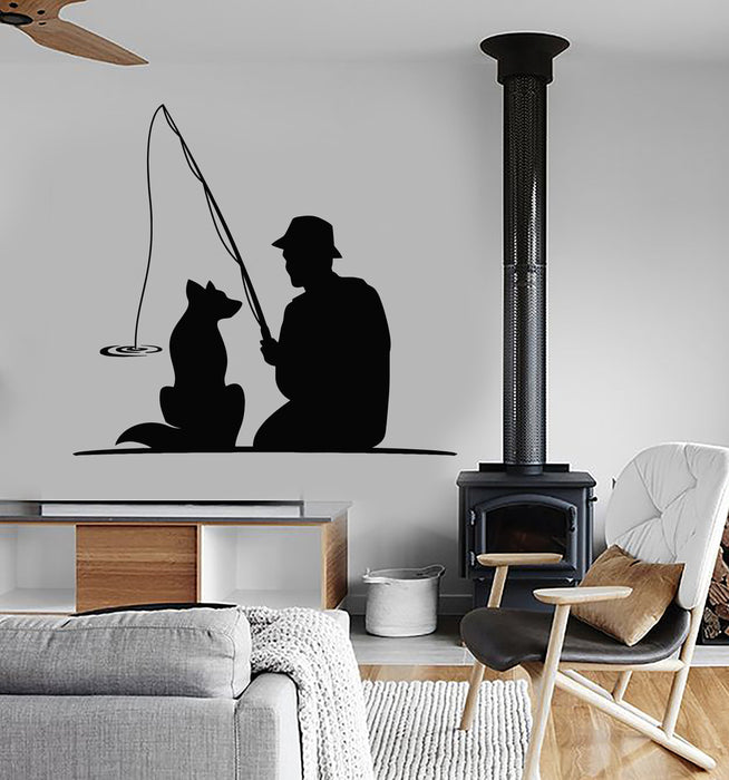 Vinyl Wall Decal Fisherman With Dog Pet Fishing Rod Stickers (2258ig)