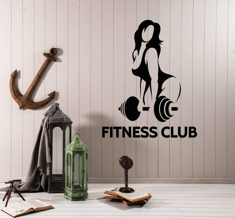 Wall Vinyl Decal Fitness Club Girl Woman With Barbell Bodybuilding Dec —  Wallstickers4you