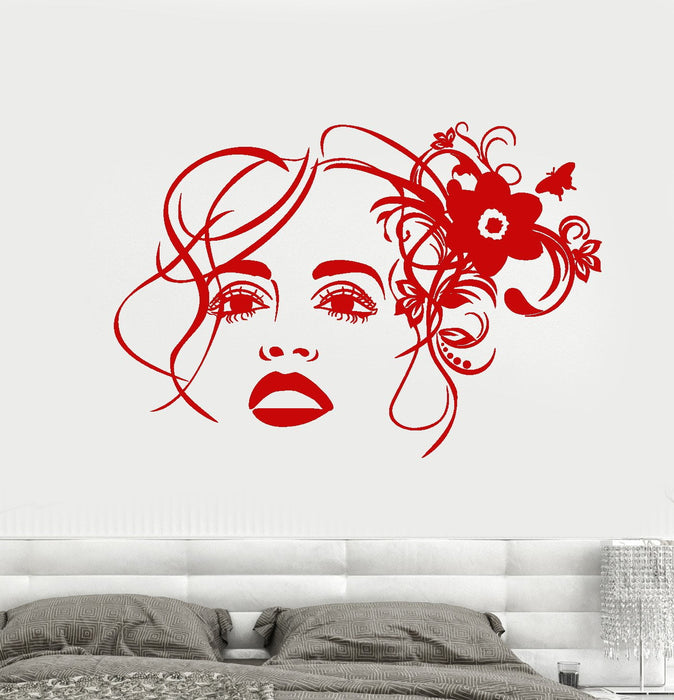 Vinyl Wall Decal Girl Face Flower Beauty Hair Salon Makeup Stickers Unique Gift (1697ig)