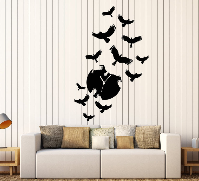 Vinyl Wall Decal Clock Silhouette Flock Of Birds Ravens Stickers (2222ig)