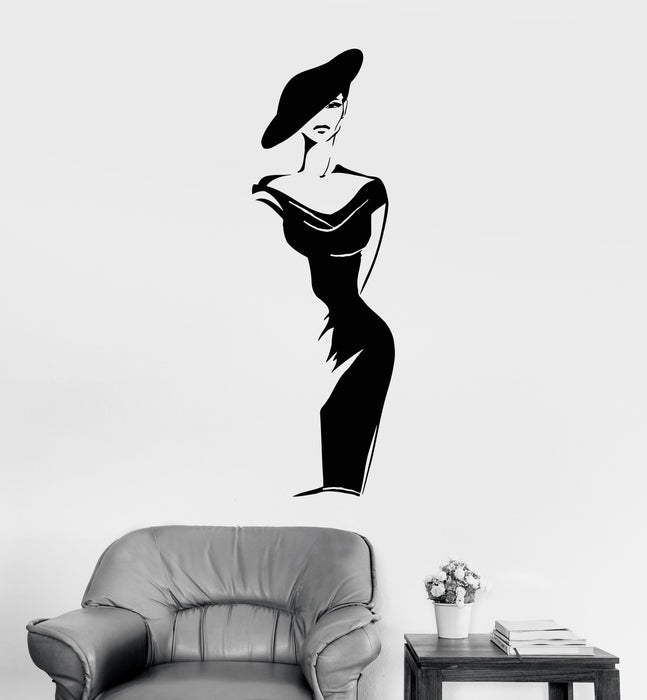 Виниловая наклейка на стену модная девушка шляпа элегантная женщина ретро модель наклейки уникальный подарок (1575ig)