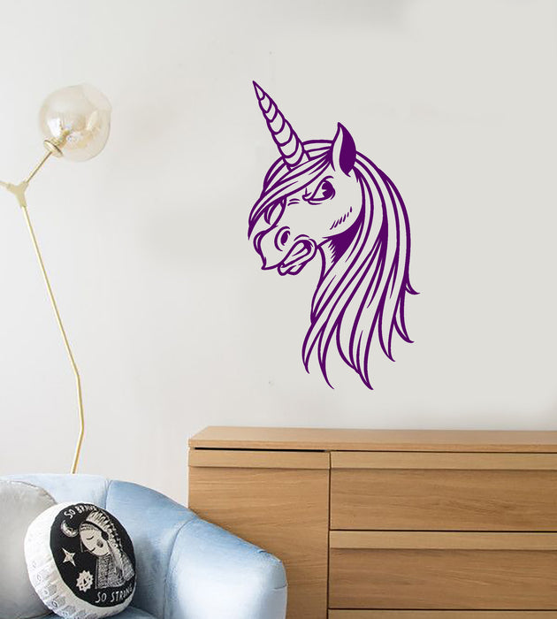 Vinyl Wall Decal Funny Angry Unicorn Cartoon For Kids Room Stickers (4071ig)