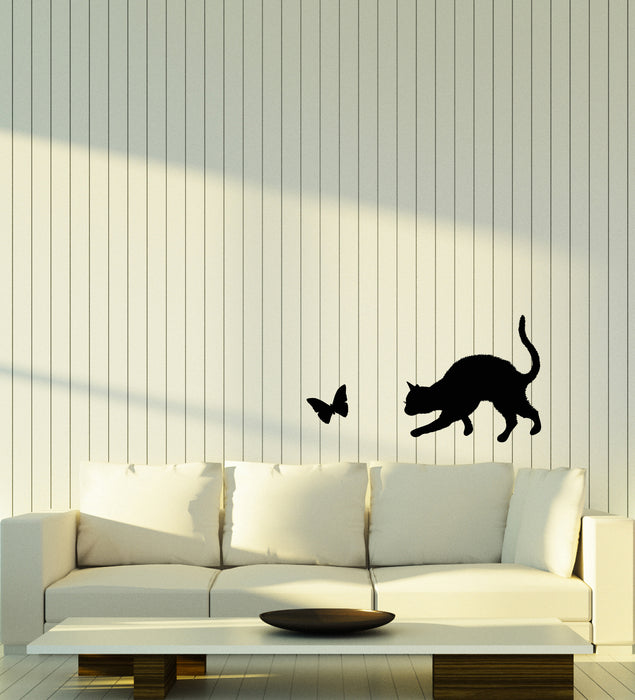 Vinyl Wall Decal Silhouette Funny Cat and Butterfly Stickers (3959ig)