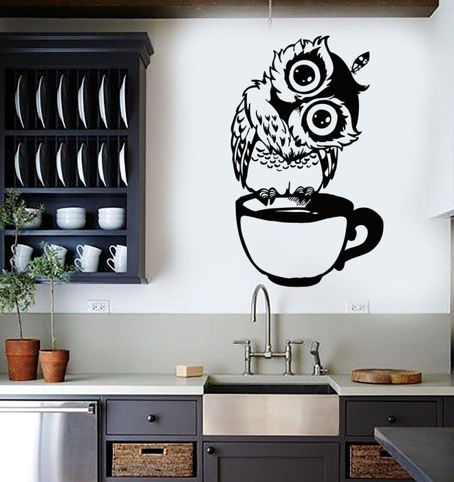 Vinyl Wall Decal Funny Cartoon Owl Cup Of Tea Coffee For Kitchen Stickers (2559ig)