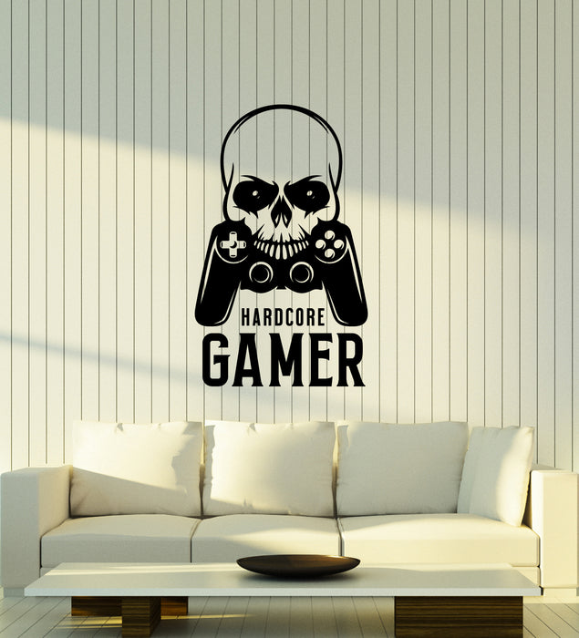 Vinyl Wall Decal Hardcore Gamer Skull Joystick Logo Teen Room Video Game Stickers (4195ig)