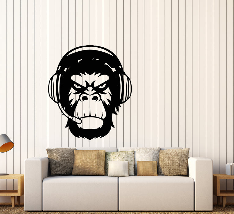 Vinyl Wall Decal Monkey Head In Headphones Gamer Stickers (3590ig)