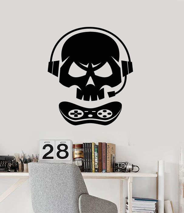 Vinyl Wall Decal Video Game Gamer Skull In Headphones Joystick Stickers (3525ig)