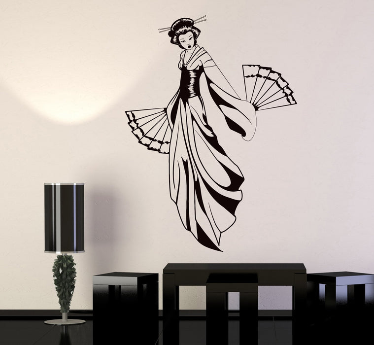 Vinyl Wall Decal Geisha With Fan Japanese Girl Asian Style Stickers Unique Gift (1128ig)