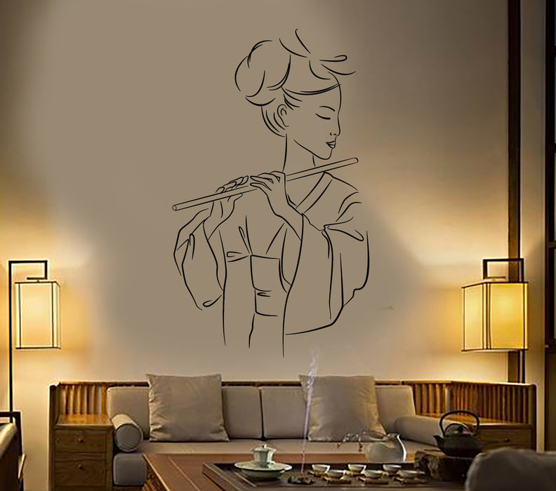 Vinyl Wall Decal Geisha Japanese Girl Asian Woman Fue Music Stickers Unique Gift (1577ig)