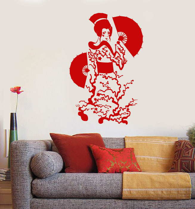 Vinyl Wall Decal Geisha Japanese Asian Girl Woman With Fan Stickers (2579ig)