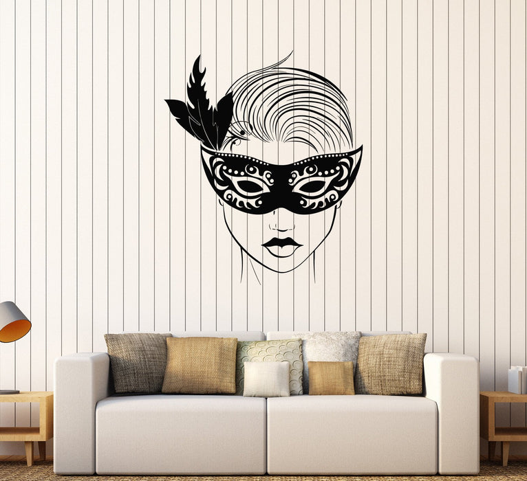 Виниловая наклейка на стену Красивое лицо девушки в маске Женщина Карнавальные губы Наклейки Уникальный подарок (1501ig)